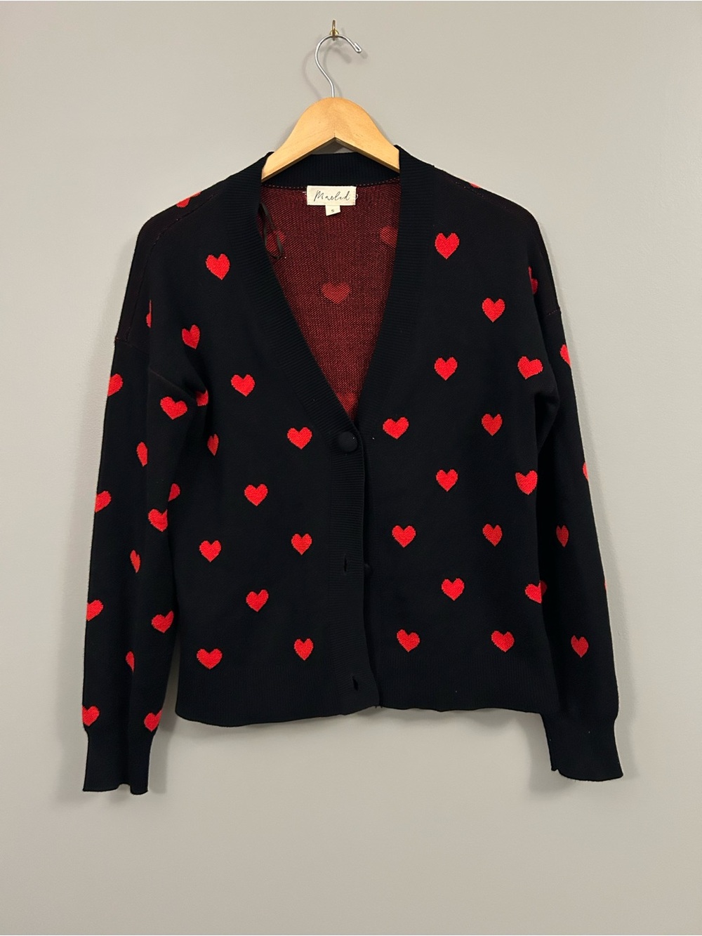 Marled Black Cardigan with Red Heart Pattern